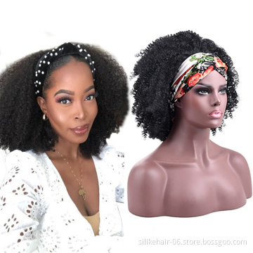 14Inch Soft Brown Cosplay Hair Wigs For Black Women Afro Kinky Curly Headband Wig With Pre-attached Scarf Synthetic Wigs